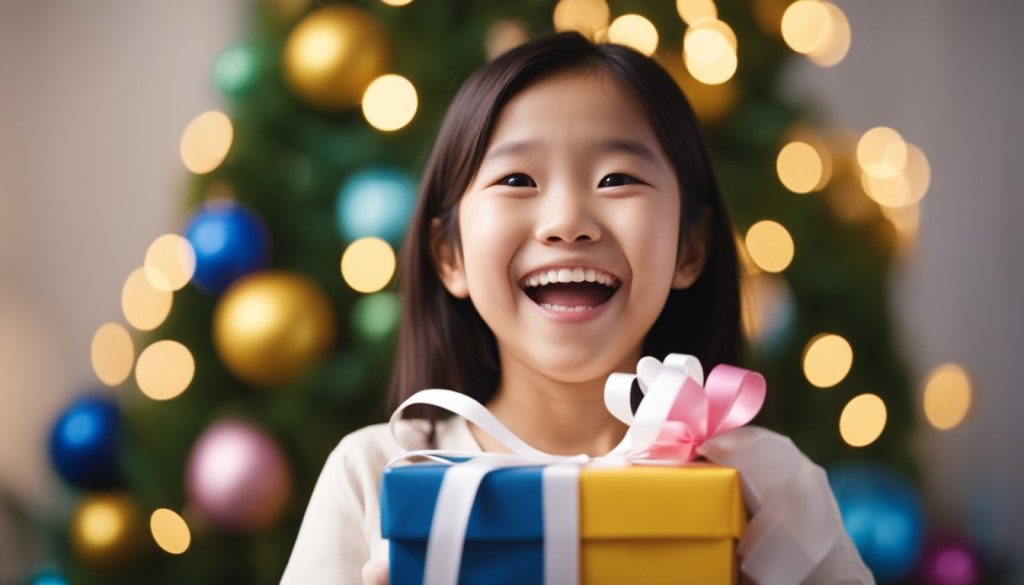  A little girl stands with a gift box, smiling in front of a festive Christmas tree adorned with lights and ornaments.