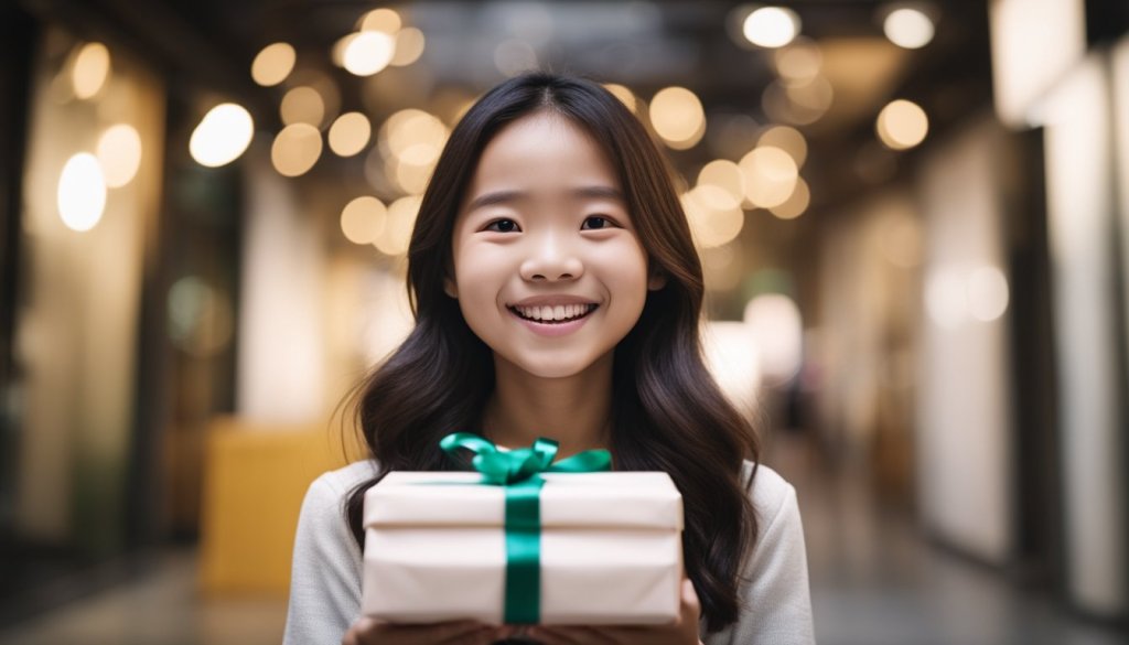 A young girl with a bright smile holds a present, embodying the joy of giving and receiving gifts.