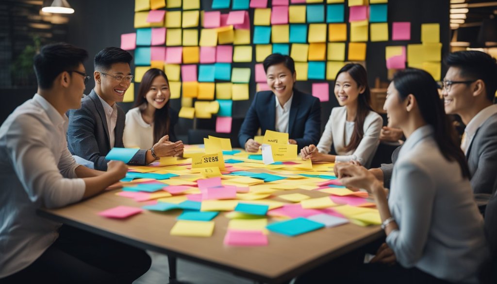 Asian business individuals displaying smiles as they hold sticky notes, showcasing teamwork and creativity in the workplace.